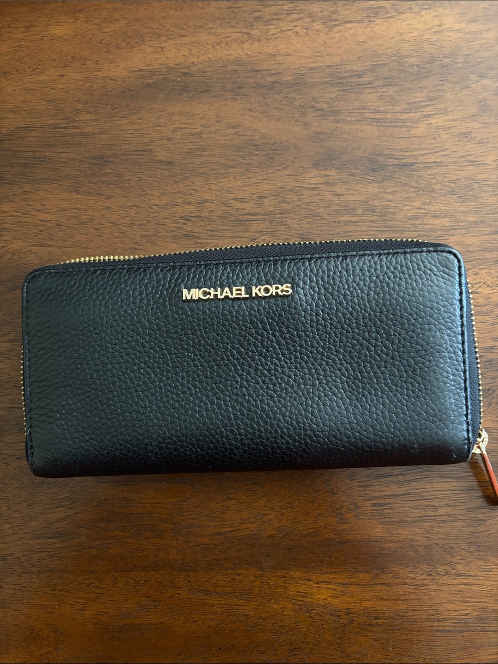 Michael Kors Black Pebbled Leather Zip Wallet with Gold Logo